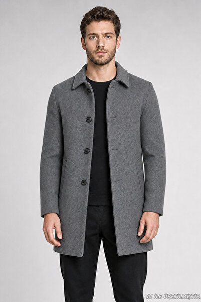Freemen Men's Anthracite Slim Fit Cashmere Coat Classic Collar 3 Buttons Shor...