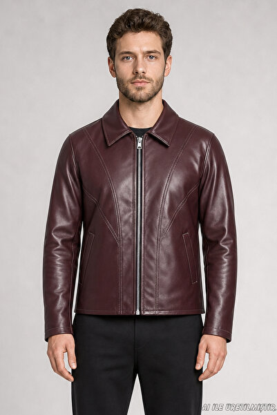 Freemen Men's Burgundy Zippered Regular Fit Faux Leather Jacket with Fur Inside