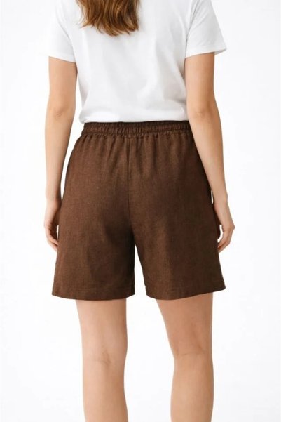 Generic Brand Linen Fabric Pocketed Relaxed Fit Shorts with Elastic Waist - Brown