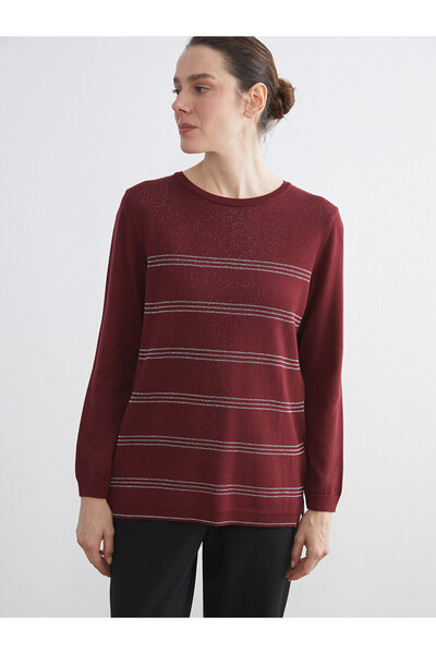 LC Waikiki Nevavm Lcw Grace Burgundy Oval Collar Striped Women's Knitwear Swe...