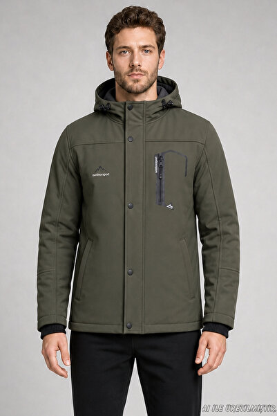 Freemen Men's Khaki Hooded Fur-Lined Water and Wind-Resistant Outdoor Softshe...