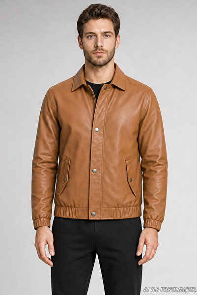 Freemen Men's Tan Zippered Casual Leather Jacket with Snap Fasteners and Elas...