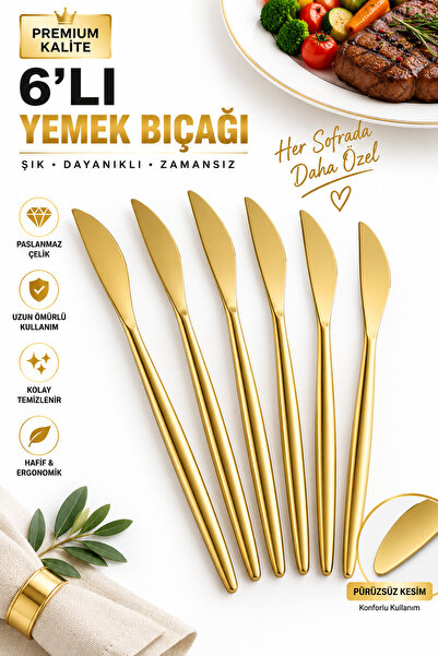 AYGÖREN HOME 6 piece gold detailed knife set |   6 pieces luxury dinner knife...