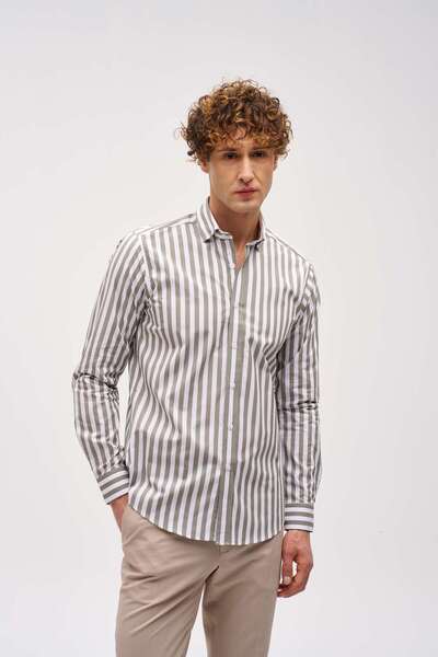 İgs Men's Khaki Dynamic Fit Judge Collar Striped Long Sleeve Pocketless 100% ...