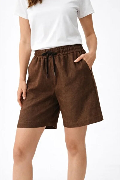 Generic Brand Linen Fabric Pocketed Relaxed Fit Shorts with Elastic Waist - B...