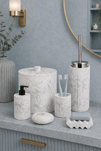 betonmall 8'li Mermer Desenli Beton Banyo Seti Çöp Kovalı Tuvalet Wc Sıvı Sab...