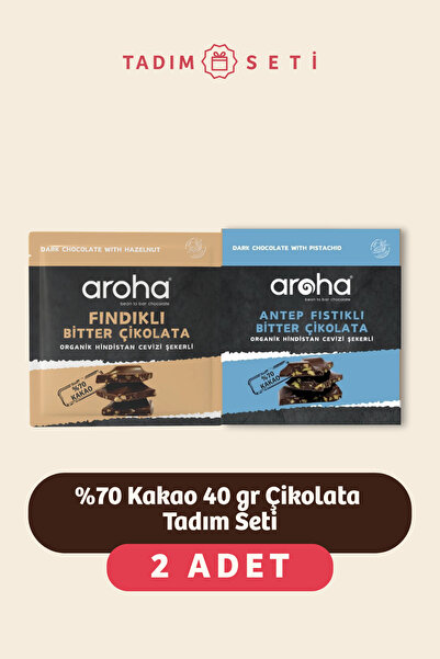 AROHA %70 Kakao Bitter Çikolata 2'li Tadım Seti (Fındıklı & Antep Fıstıklı)