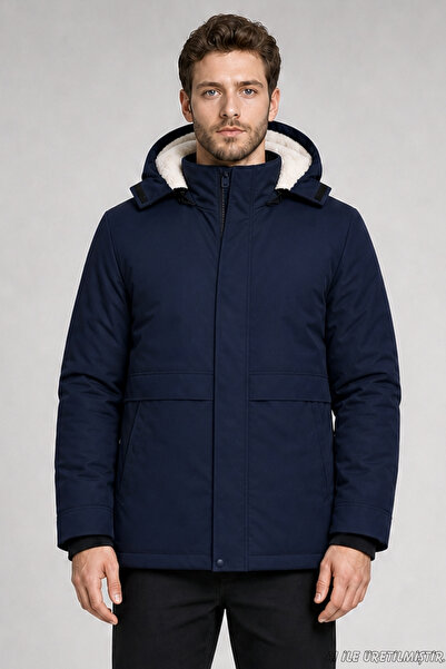 Freemen Men's Navy Blue Ribbed Coat with Fur Inside the Hood, Water and Wind Resistant