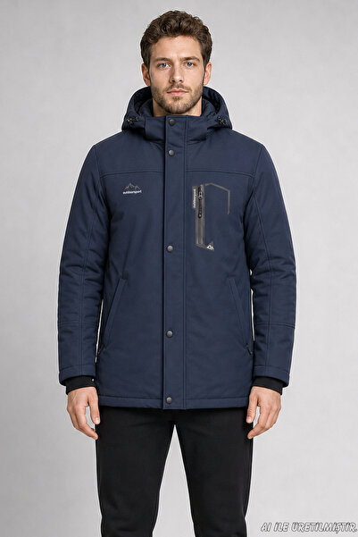 Freemen Men's Navy Blue Hooded Fur-Lined Water and Wind-Resistant Outdoor Sof...