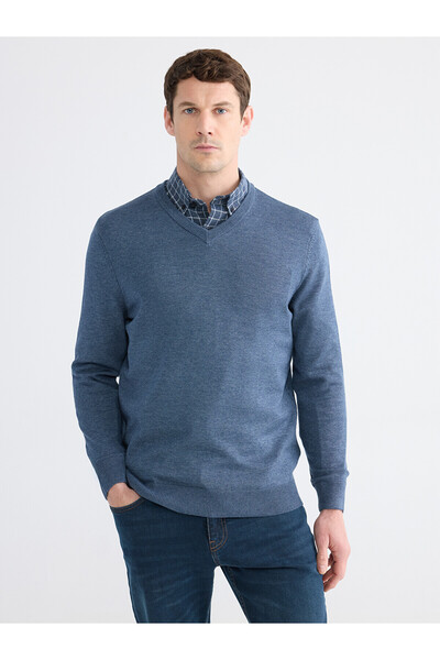 LC Waikiki Nevavm with Difference Lcwaikiki Classic Blue Knitwear Plain V-Nec...