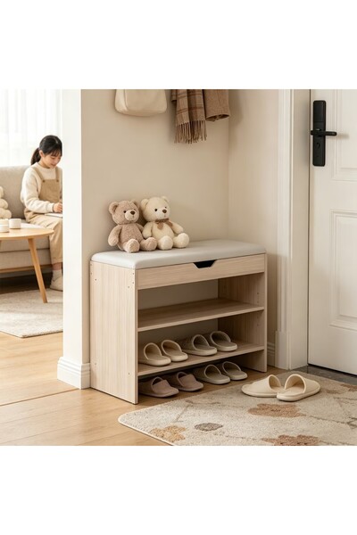 Arabest Yellow Cherry Oak Wood Grain Entryway Shoe Bench, Flip‑Top Hidden Sto...