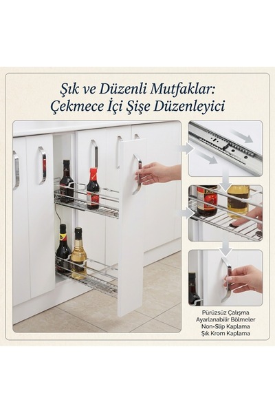 FREKANS Çift Açılım Tandem Raylı Şişelik 15 Cm Tezgah Altı Dolap İçi Mutfak