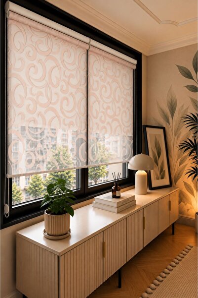 PERDEMANİA Çiftli Sistem Riva Desen Tül ve Ekru Mat Polyester Stor Perde