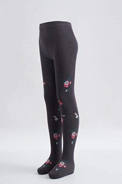 Katia&Bony Flower Patterned Children's Pantyhose Anthracite
