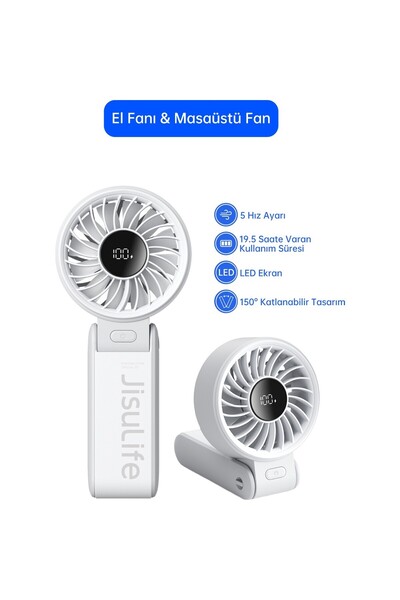 JISULIFE Handheld Fan Life 7 El Fanı & Masaüstü Fan 5000 Mah Beyaz