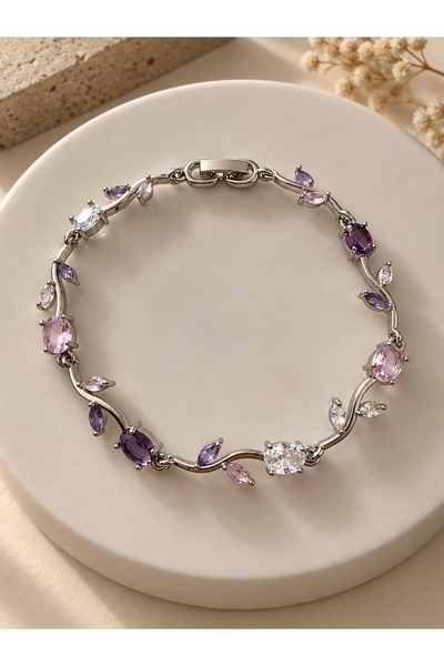 JEWELRY Tulip Bileklik Lila Pembe Taşlı Yaprak Detaylı Kadın Bileklik Şık Zar...