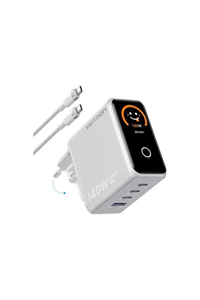Vention Dash Pro 140W GaN 5.0 Akıllı Ekranlı Emojili Hızlı Şarj Aleti - 4 Portlu (240W Kablo Dahil), Beyaz, TZ-FCO ( Distribütör Garantili )