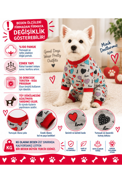 DOGİ&DOG Small Breed Grey Color Heart Detailed Dog Jumpsuit Dog Outfit (1-10kg)