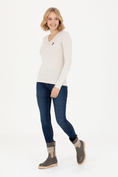 U.S. Polo Assn. Pulover de bază cu decolteu în V ecru pentru damă 50269019 -VR019