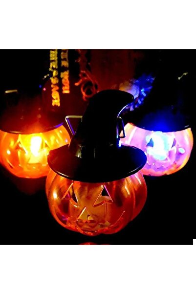 partidolu Halloween Karışık Renk Işıklı Plastik Şapkalı Balkabağı Fener 9x6,5...