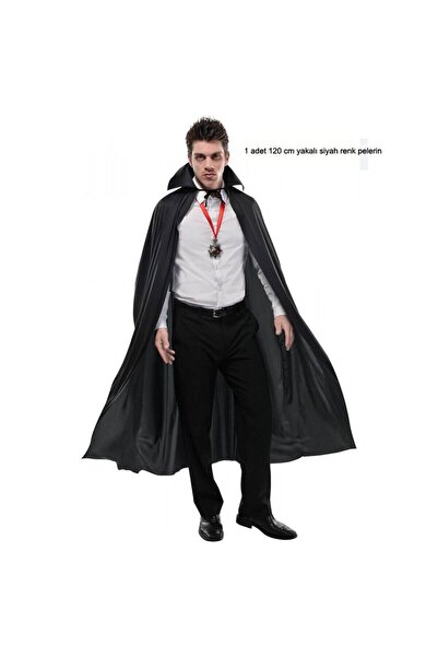 partidolu Halloween Siyah Renk 120 cm Yakalı Drakula Vampir Pelerini Erkek Ye...