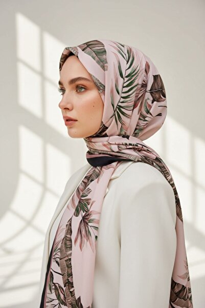 Vissona KREP YAPRAK DESENLİ PUDRA - ZÜMRÜT YEŞİLİ RENKLİ 75X195 KIRIŞMAZ ŞAL