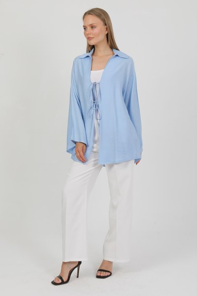 PASTELASTORE Natural Viscose Fabric Pocketed Lace-Up Women's Kimono 1167