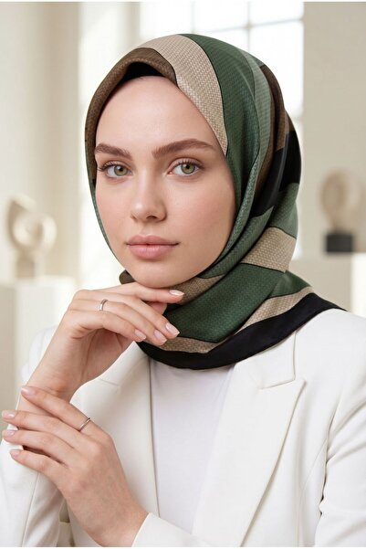 Vissona %100 Twill İpek Eşarp 90x90 Siyah Krem Çizgili Geometrik Desenli El D...