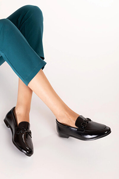 Gondol Women's Black Genuine Leather Loafer Shoes with Metal Accessories Hl.3...