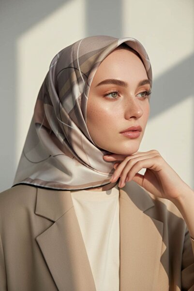 VİOLLA Twill Eşarp 90x90 Geometrik Desenli İpek İçermez El Dikişli Kadın Eşarp
