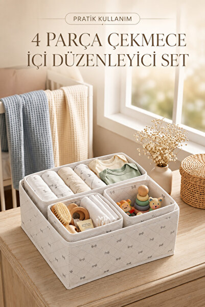 Textia Home 4'lü Çekmece Dolap Içi Düzenleyici Kutu Raf Set Bebek Eşyası Çocuk Odası Banyo Organizer/Fiyonk