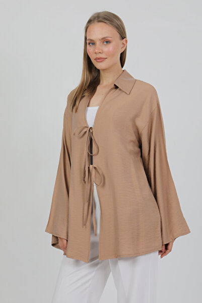 PASTELASTORE Natural Viscose Fabric Pocketed Lace-Up Women's Kimono 1167