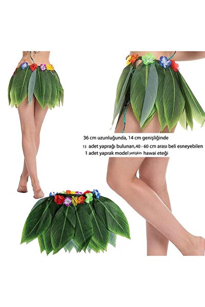 partidolu Yaprak Model Hawaii Eteği Yeşil Renk 36 cm Yetişkin Model 1 Adet