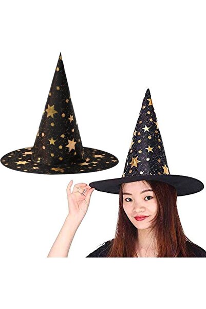 partidolu Yıldız Desenli Cadı Şapkası Siyah Renk Yetişkin 1 Adet Halloween