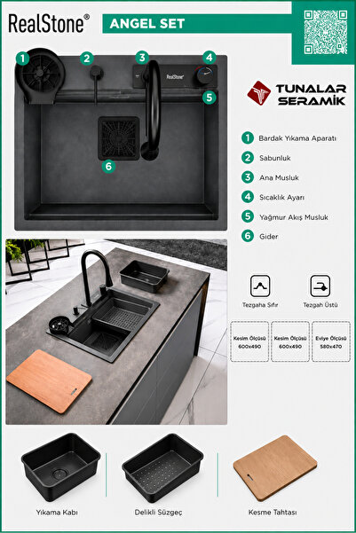 RealStone Real Stone Angel Granit Akıllı Eviye Seti Antrasit 60X49
