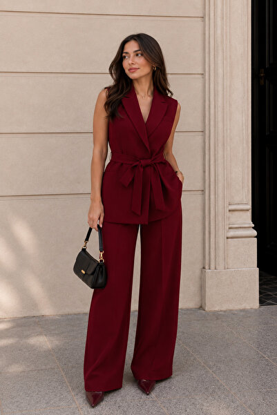 DL BUTİK Bordo Kuşaklı Kolsuz Blazer Yelek Geniş Paça Pantolon İkili Takım