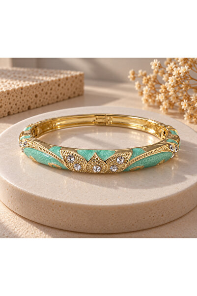JEWELERY Pastel Mine Flower Patterned Gold Women's Cuff Bracelet Water Green