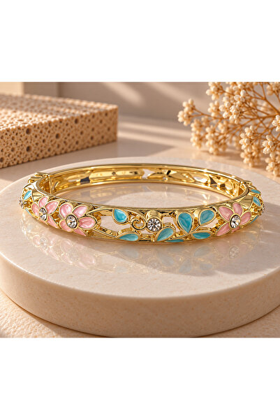 JEWELERY Pastel Mine Flower Patterned Gold Women's Handcuff Bracelet Blue&Pink