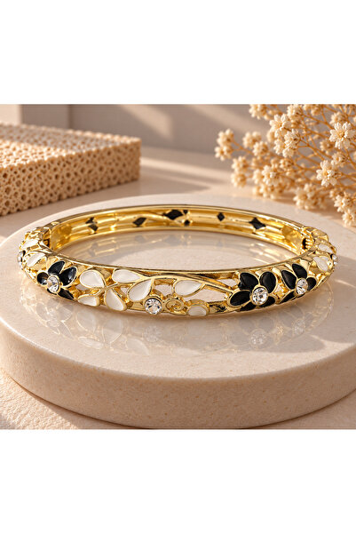 JEWELERY Women's Enamel Handcuff Bracelet Black White Stone Gold Color Stylis...