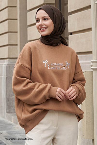 InStyle Bowknot Lettering Embroidery Camel Sweat
