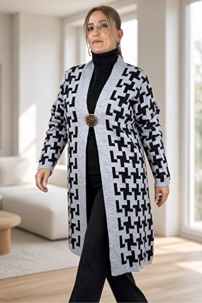 yagmurberen Geometric Patterned Broch Detailed Long Sleeve Shal Collar Large ...