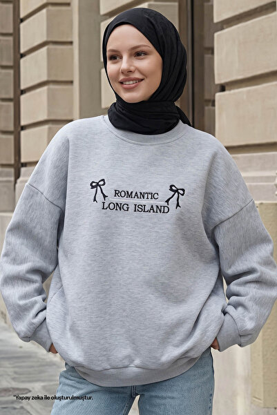 InStyle Bowknot Lettering Embroidery Gray Sweatshirt