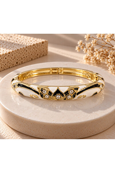 JEWELERY Women's Enamel Handcuff Bracelet Black White Stone Gold Color Stylis...