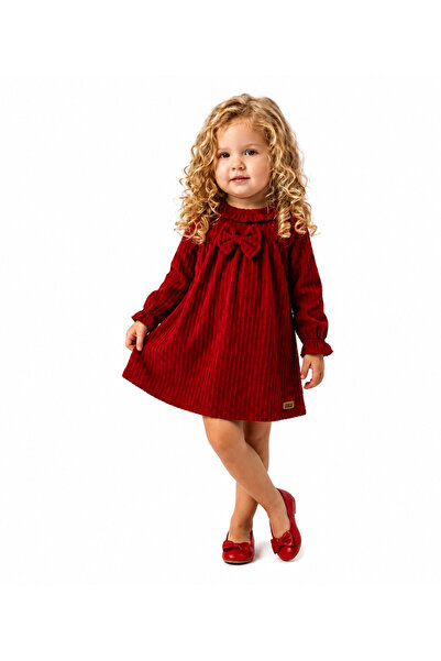 İray Girl's Jacquard Single Jersey Dress with Red Bow and Long Sleeves - Styl...
