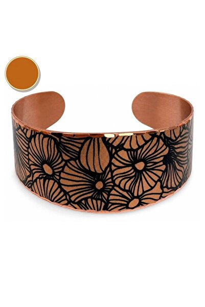 Erol Bakır Turquoise Red Baklava Wide Form Thick Copper Bracelet, Hand-Embroi...