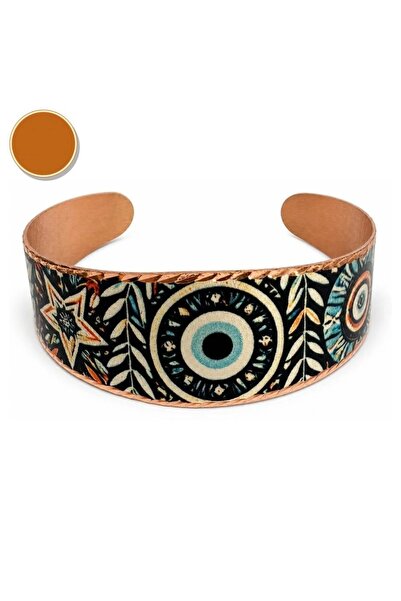 Erol Bakır Red Navy Blue Ottoman Wide Form Thick Copper Bracelet, Hand Embroi...