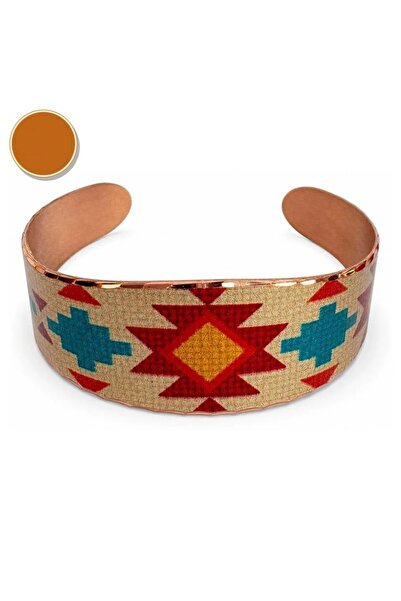 Erol Bakır Burgundy Blue Tile Wide Form Thick Copper Bracelet, Hand-Embroider...