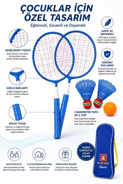 Leyaton Set de badminton pentru copii 2 rachete 2 mingi de badminton 1 minge cu geantă de transport