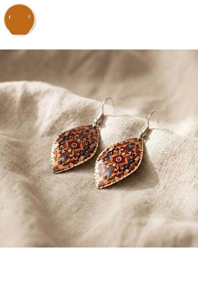 Erol Bakır Copper Navy Blue Orange Floral Pattern Dangle Earrings |   100% Ha...