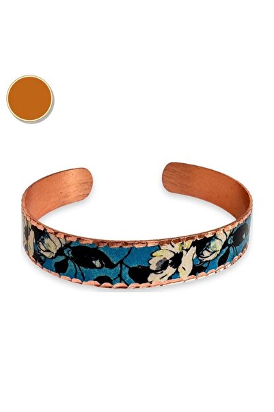 Erol Bakır Turquoise black flower thin copper bracelet, adjustable